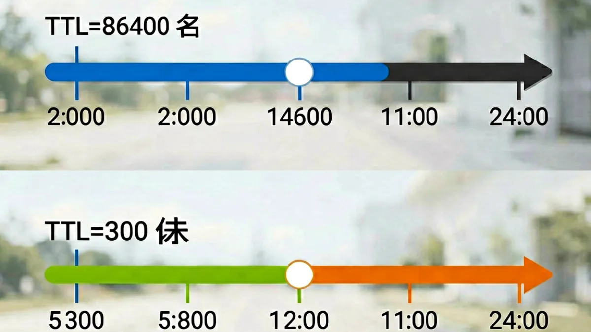 草榴永久域名 - DNS的TTL参数与域名切换时窗关系示意图，展示低TTL设置如何加快域名切换生效速度