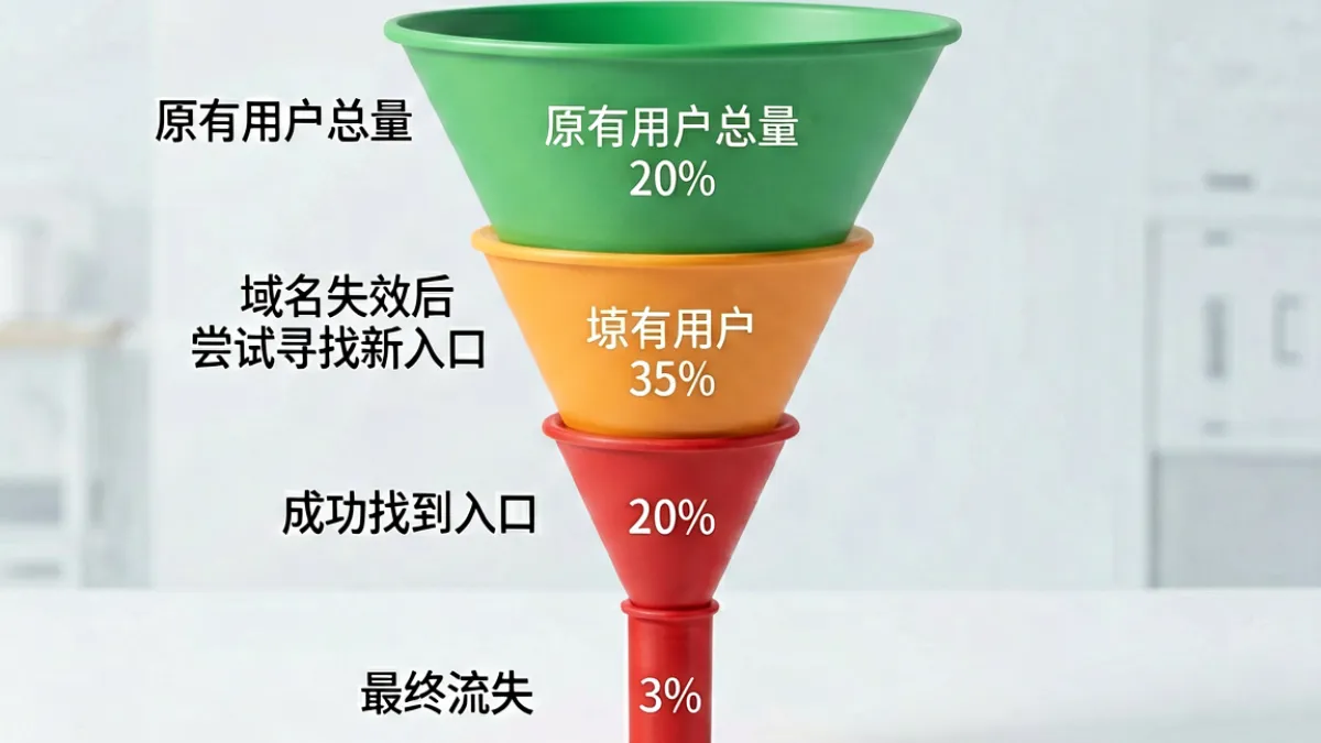 用户访问行为漏斗示意图，展示域名失效后用户流失率与重新找回入口的转化关系