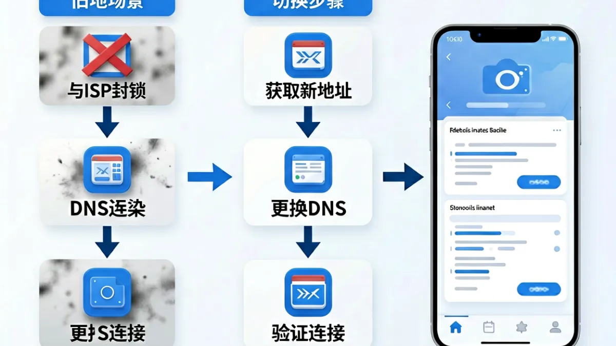 草榴域名失效与新地址切换流程示意图，标注关键节点与注意事项