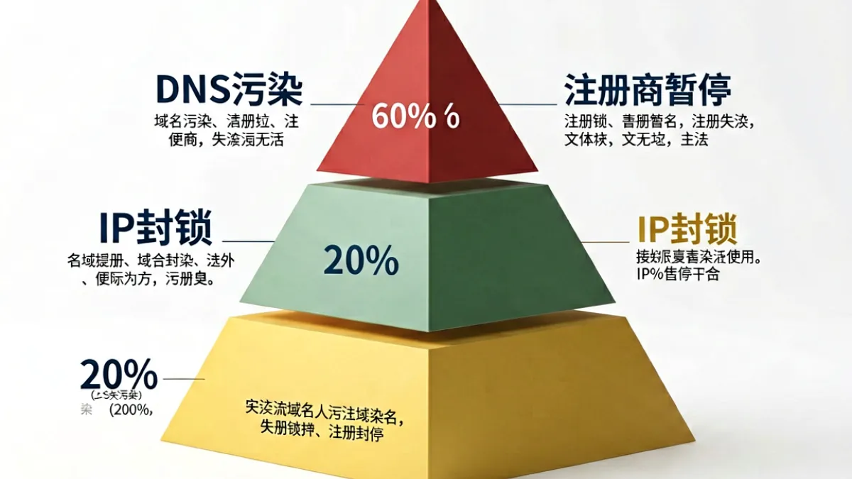 草榴永久域名 - 域名失效原因分析图示，包含DNS污染、IP封锁和注册商三个层级的对比说明