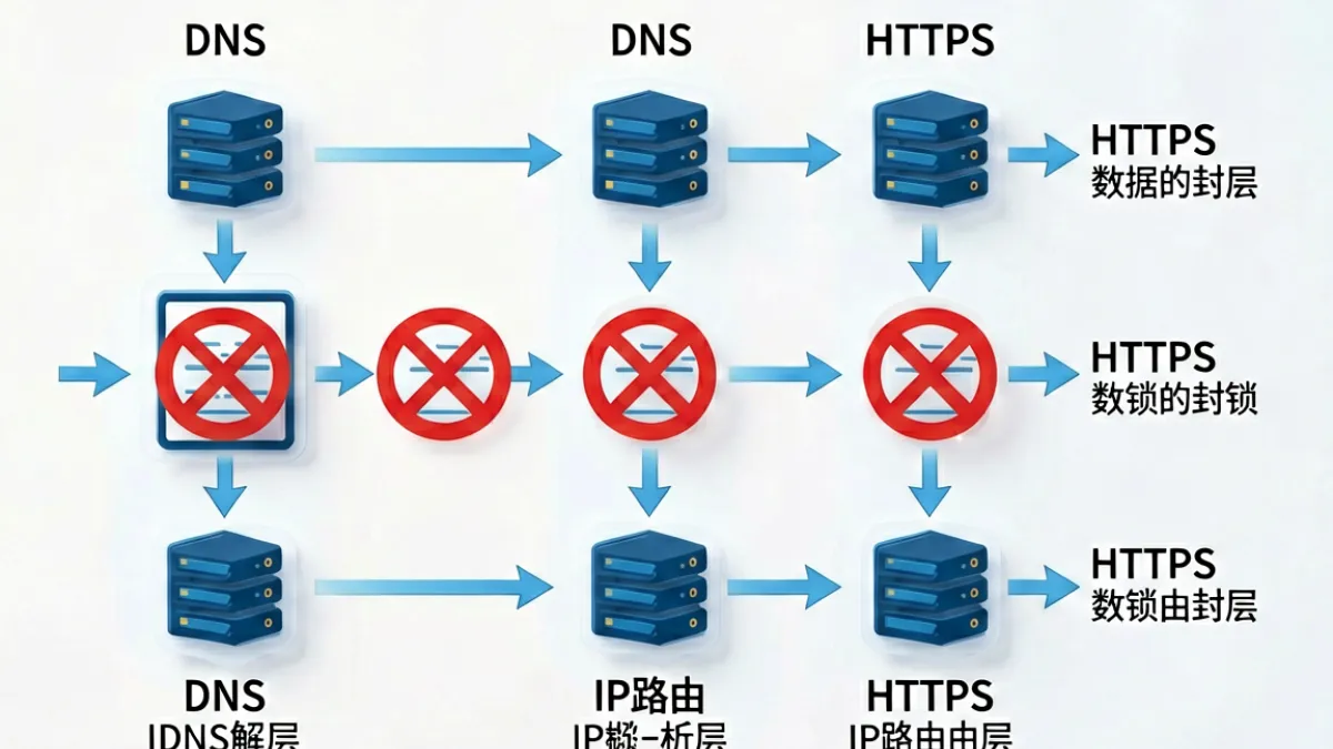 图示展示DNS污染、IP封锁、SNI嗅探三层封锁机制如何逐层拦截草榴永久域名的访问请求